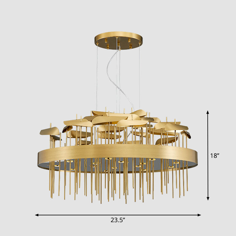 Modern Gold Leaf Suspension Light For Dining Room With Stainless Steel Chandelier / Round Canopy