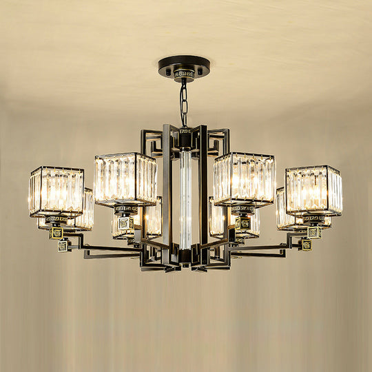 Black Tri-Sided Glass Chandelier With Traditional Cubic Pendant Lighting