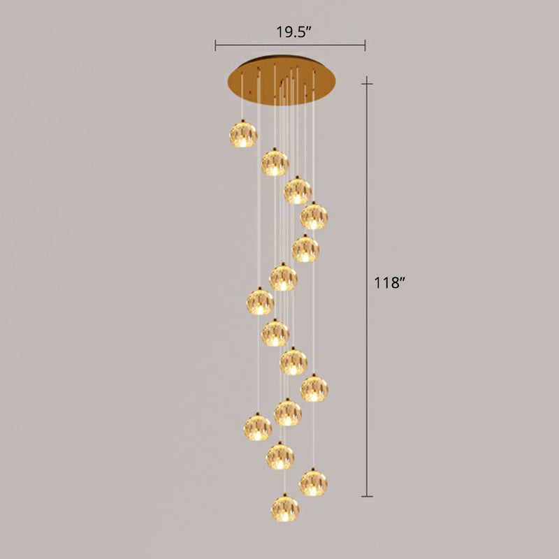 Golden Cluster Pendant Light with Faceted Cut Crystal Ball Design for Stairway Illumination