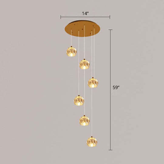 Golden Cluster Pendant Light with Faceted Cut Crystal Ball Design for Stairway Illumination