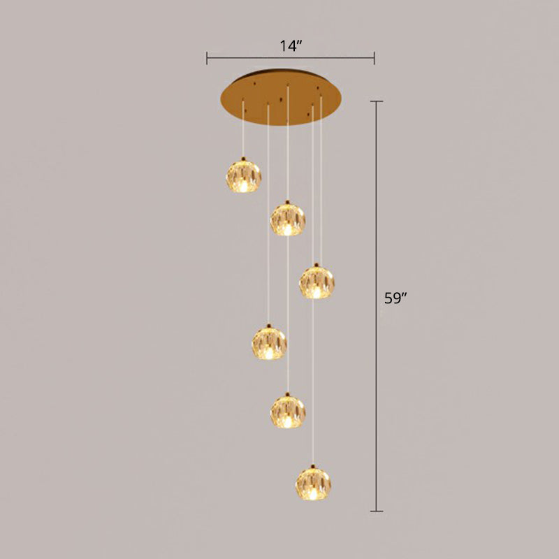 Minimalist Golden Crystal Ball Pendant Light For Stairs - Faceted Cut Ceiling Lamp Cluster 6 / Gold