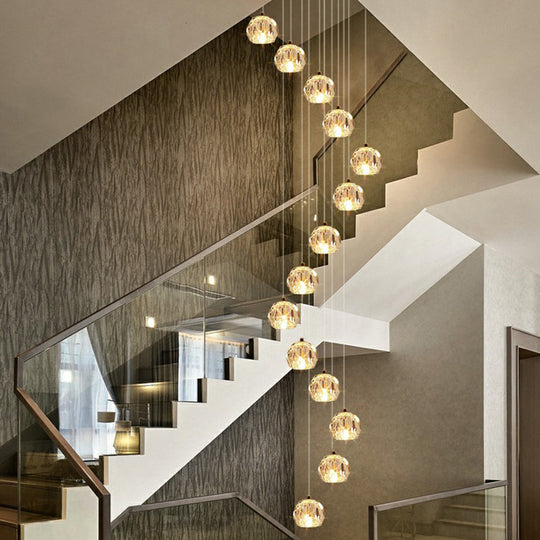 Minimalist Golden Crystal Ball Pendant Light For Stairs - Faceted Cut Ceiling Lamp Cluster