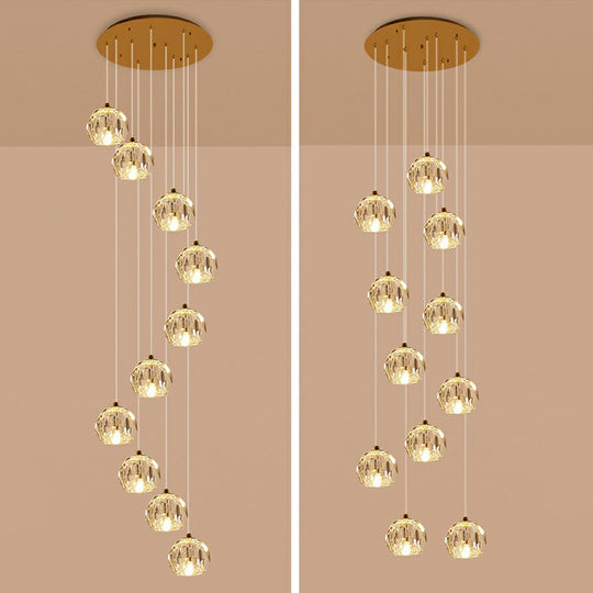 Golden Cluster Pendant Light with Faceted Cut Crystal Ball Design for Stairway Illumination