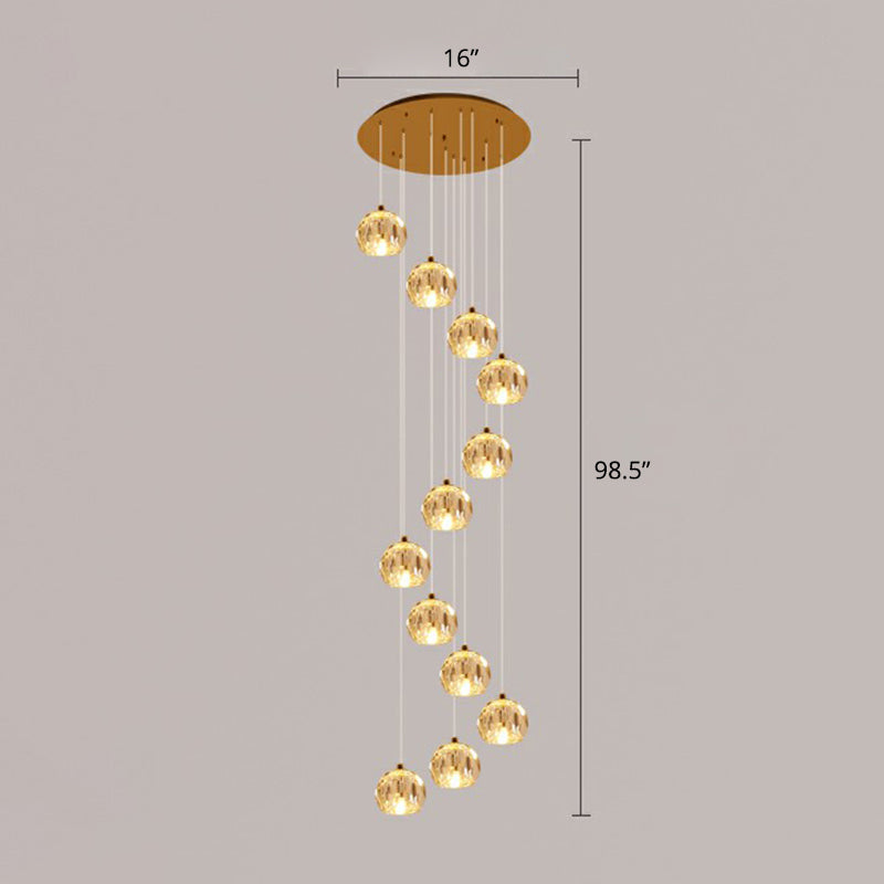 Minimalist Golden Crystal Ball Pendant Light For Stairs - Faceted Cut Ceiling Lamp Cluster 12 / Gold