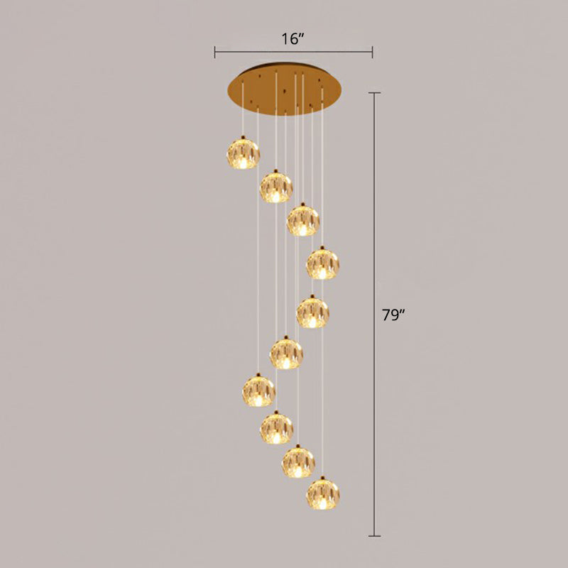 Golden Cluster Pendant Light with Faceted Cut Crystal Ball Design for Stairway Illumination