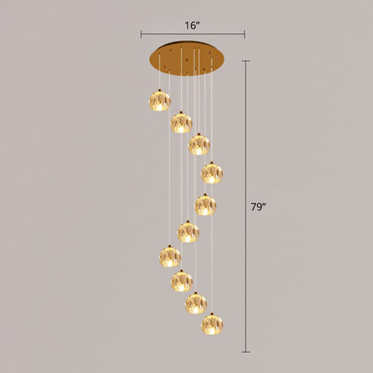 Golden Cluster Pendant Light with Faceted Cut Crystal Ball Design for Stairway Illumination