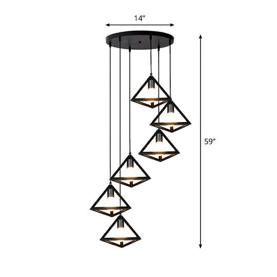 Black Tetrahedron Metal Shade 6-Light Cluster Pendant For Stairs Ceiling Loft Style