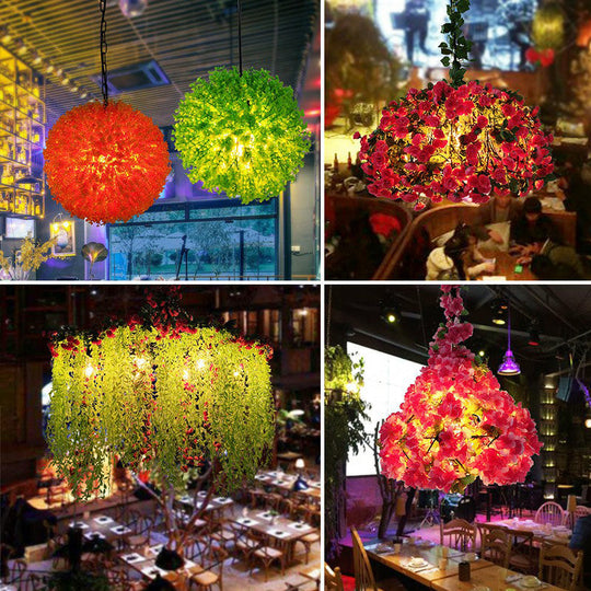 Iron Cage Suspension Light Farmhouse Pendant With Fake Plant Decor - 1 Bulb Bistro Drop