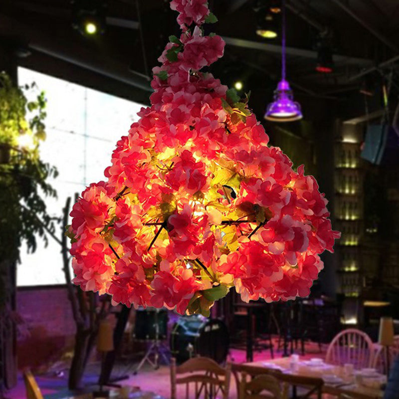 Iron Cage Suspension Light Farmhouse Pendant With Fake Plant Decor - 1 Bulb Bistro Drop Pink / 18