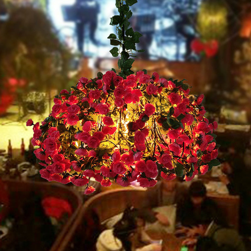 Iron Cage Suspension Light Farmhouse Pendant With Fake Plant Decor - 1 Bulb Bistro Drop