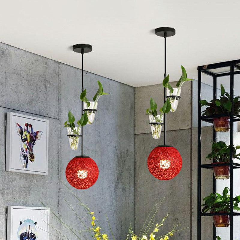 Spherical Pendulum Rattan Hanging Lamp With Glass Cone Plant Container - Single Bulb Red