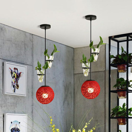 Spherical Pendulum Rattan Hanging Lamp With Glass Cone Plant Container - Single Bulb Red