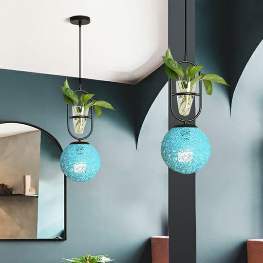 Spherical Pendulum Rattan Hanging Lamp With Glass Cone Plant Container - Single Bulb Blue