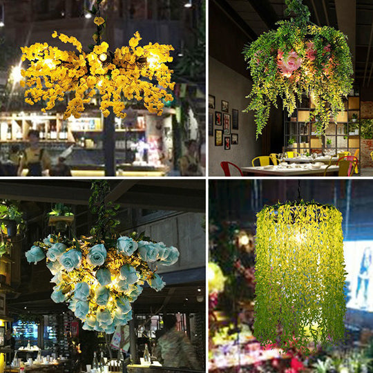 Wagon Wheel Industrial Pendant Lighting With Green Artificial Plant