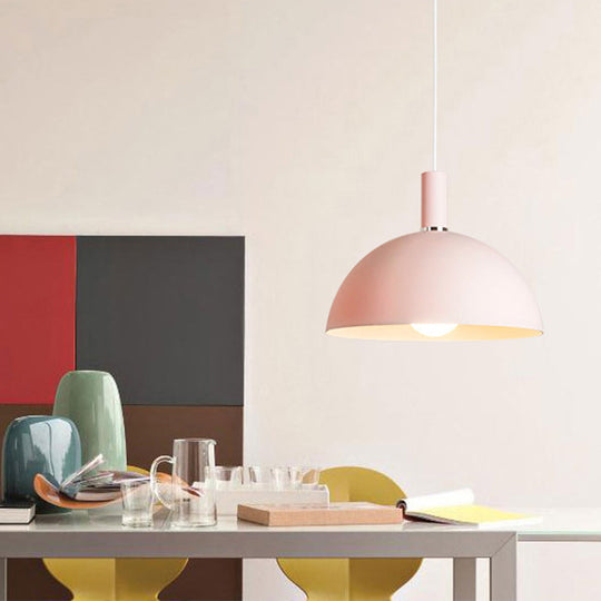 Nordic 1-Head Aluminum Hemisphere Pendant Light With Inner Pendulum - Pink And White Ideal For