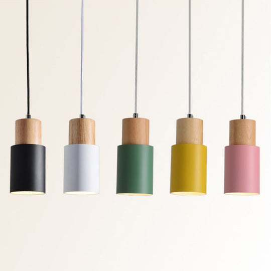 Modern Tubular Pendant Spotlight: Metal 1-Light Bedside Hanging Lamp With Wooden Top