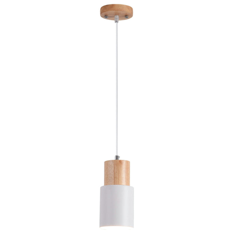Modern Tubular Pendant Spotlight: Metal 1-Light Bedside Hanging Lamp With Wooden Top