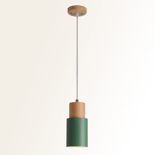 Modern Tubular Pendant Spotlight: Metal 1-Light Bedside Hanging Lamp With Wooden Top Green