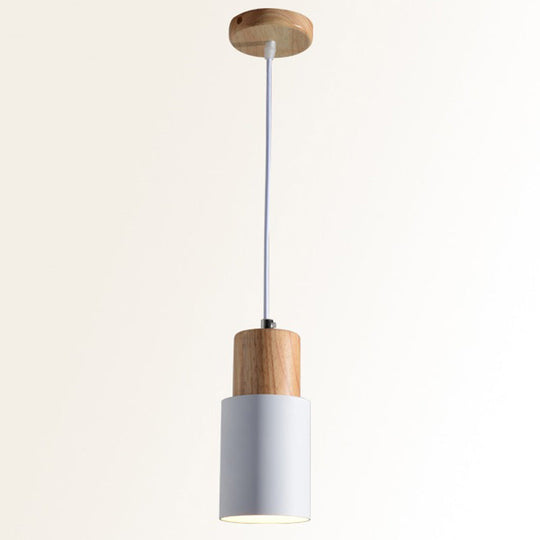 Modern Tubular Pendant Spotlight: Metal 1-Light Bedside Hanging Lamp With Wooden Top White