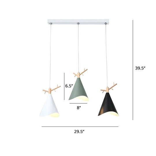 Nordic Metal Conical Multi-Ceiling Light With 3 Bulbs - White-Wood Drop Pendant Wavy Edge And Antler