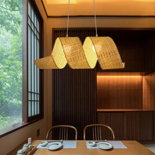 Minimalist Beige Bamboo Pendant Light For Tea Room - 2-Light Curl Hanging Fixture