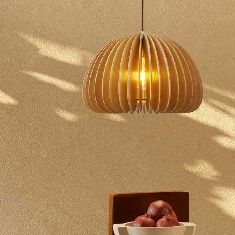 Asian Wooden Slat Hanging Lamp: Hemispherical Ceiling Light In Beige - 1 Bulb Restaurant Lighting