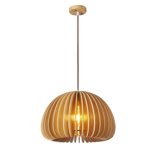 Asian Wooden Slat Hanging Lamp: Hemispherical Ceiling Light In Beige - 1 Bulb Restaurant Lighting