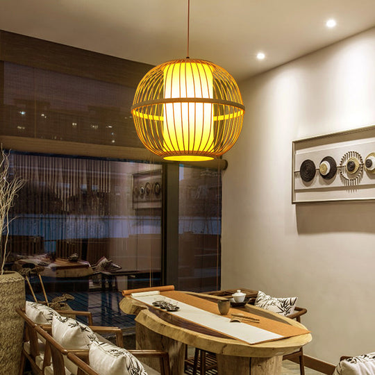Suspended Beige Wooden Sphere Tea Room Pendant Light With Single Bulb