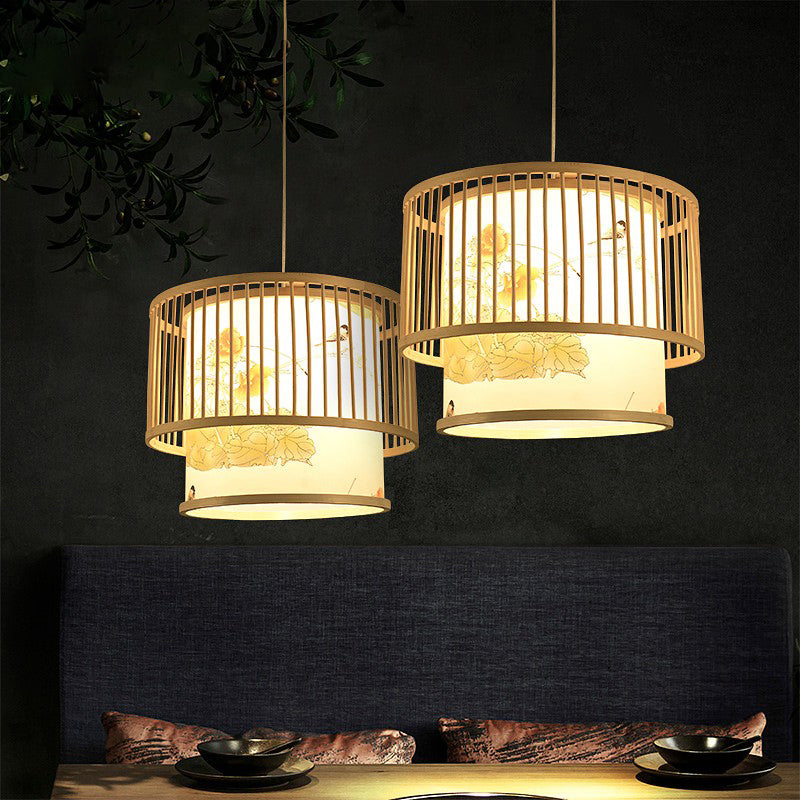 Bamboo Drum Pendant Lamp - Asian 1-Light Beige Ceiling Light With Printed Cylindrical Shade