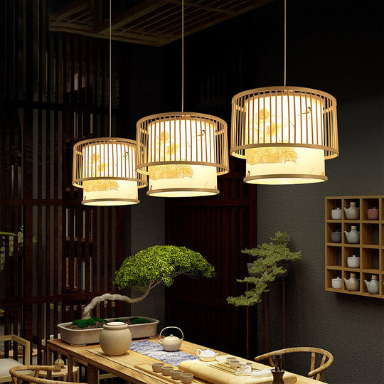 Bamboo Drum Pendant Lamp - Asian 1-Light Beige Ceiling Light With Printed Cylindrical Shade