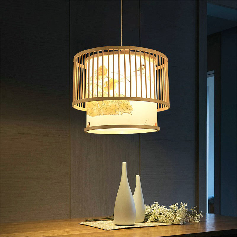 Bamboo Drum Pendant Lamp - Asian 1-Light Beige Ceiling Light With Printed Cylindrical Shade