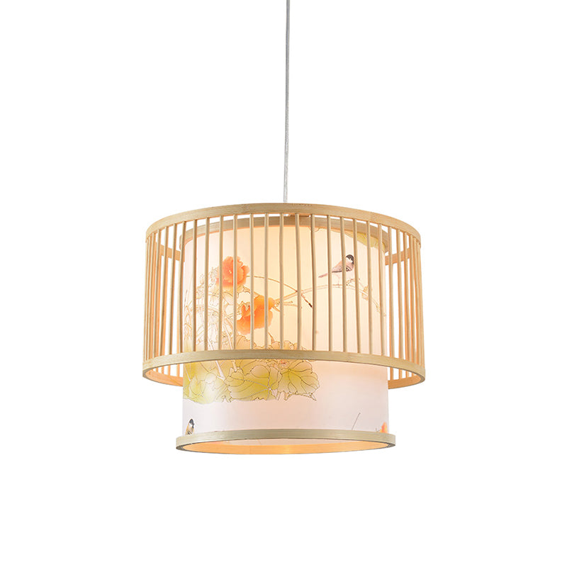 Bamboo Drum Pendant Lamp - Asian 1-Light Beige Ceiling Light With Printed Cylindrical Shade