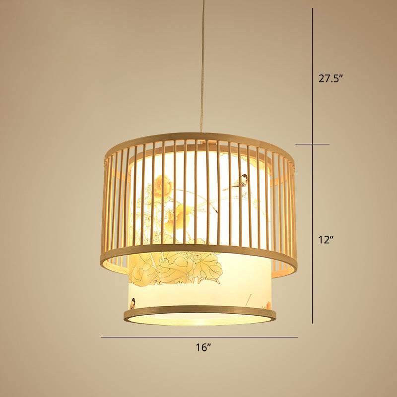 Bamboo Drum Pendant Lamp - Asian 1-Light Beige Ceiling Light With Printed Cylindrical Shade