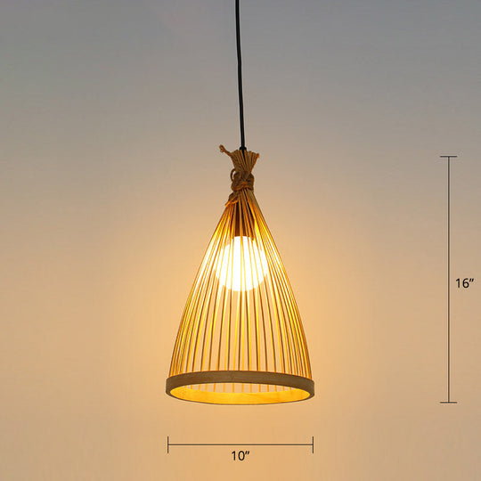 Minimalist Conical Bamboo Pendant Ceiling Light With Cage Design For Restaurants