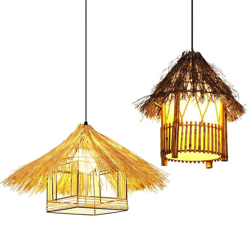 House-Shaped Bamboo Pendant Lamp - Asian Restaurant Hanging Light Fixture