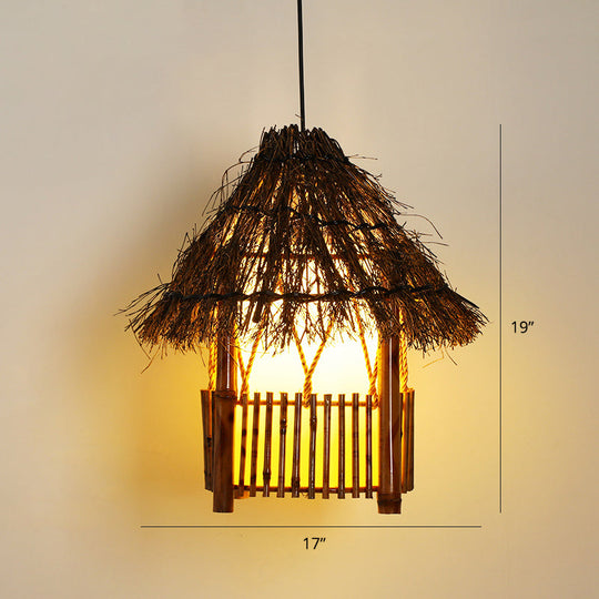 House-Shaped Bamboo Pendant Lamp - Asian Restaurant Hanging Light Fixture Brown