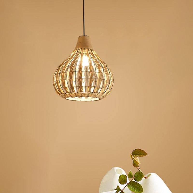 Teardrop Rattan Pendant Lamp: Beige Suspension Lighting For Asian Restaurant