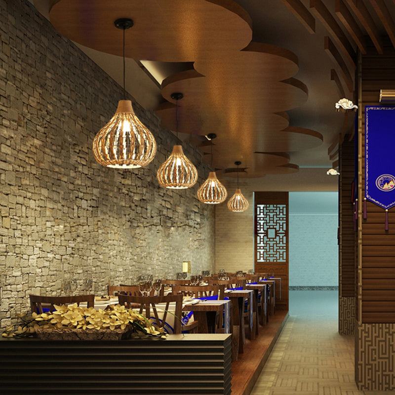 Teardrop Rattan Pendant Lamp: Beige Suspension Lighting For Asian Restaurant