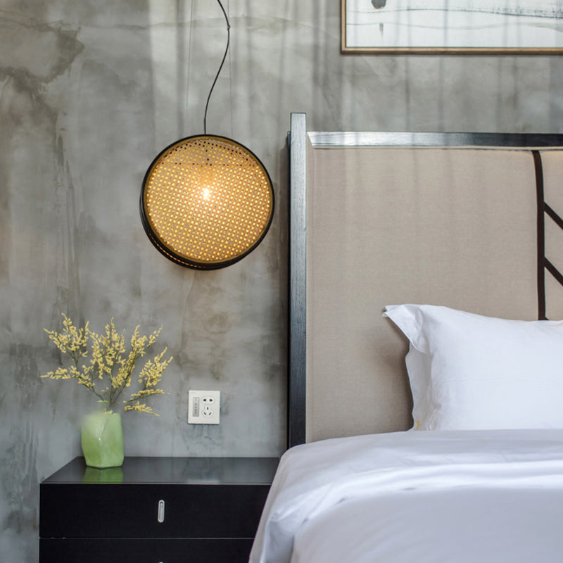 Creative Asian 1-Light Rattan Drop Pendant Ceiling Light For Beige Bedroom