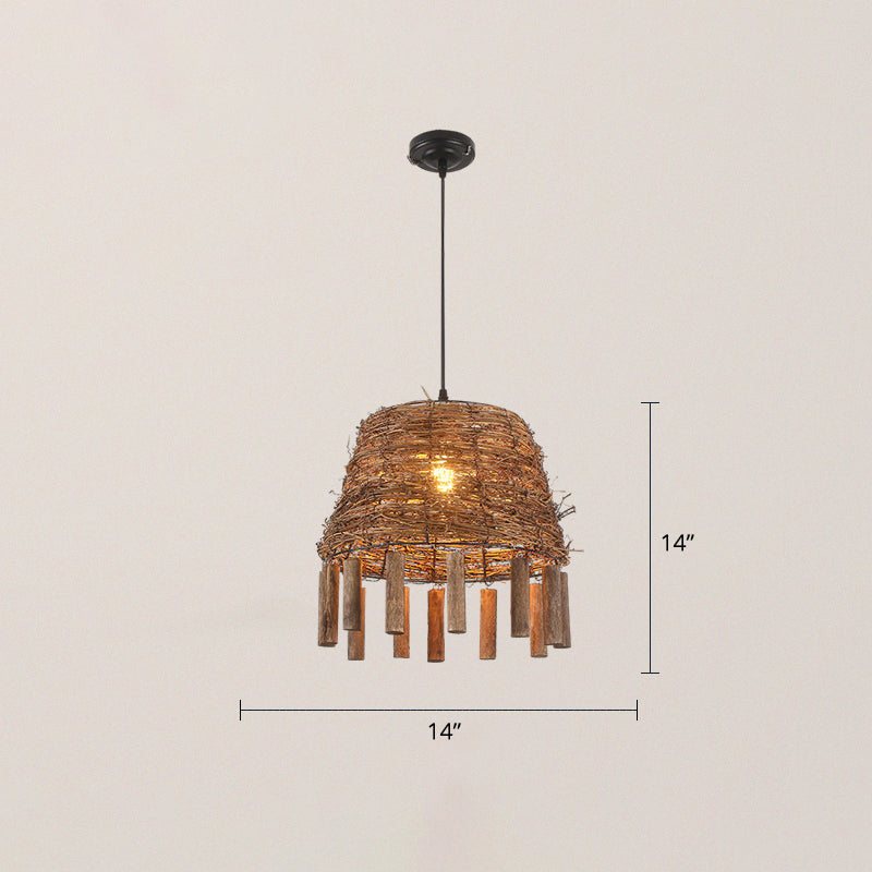 Rustic Rattan Hanging Light Fixture With Country Charm - Single Bulb Pendant For Restaurant Ceiling