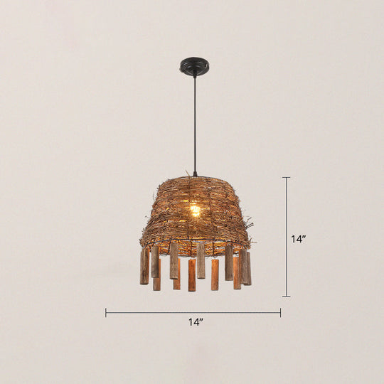 Rustic Rattan Hanging Light Fixture With Country Charm - Single Bulb Pendant For Restaurant Ceiling