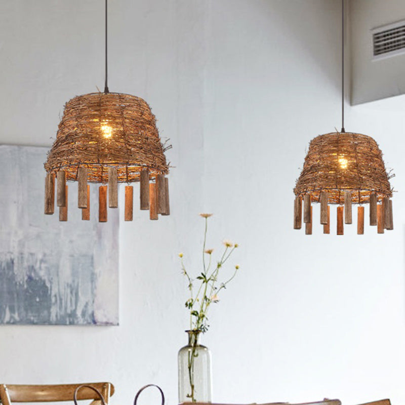 Rustic Rattan Hanging Light Fixture With Country Charm - Single Bulb Pendant For Restaurant Ceiling