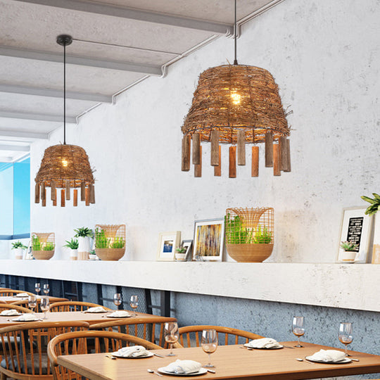 Rustic Rattan Hanging Light Fixture With Country Charm - Single Bulb Pendant For Restaurant Ceiling