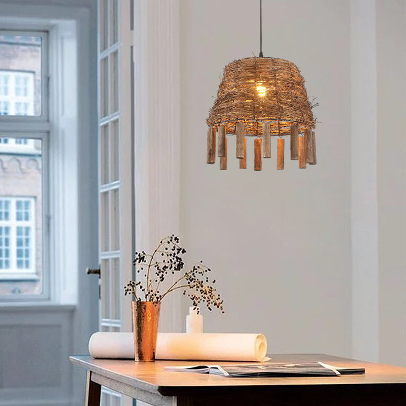 Rustic Rattan Hanging Light Fixture With Country Charm - Single Bulb Pendant For Restaurant Ceiling