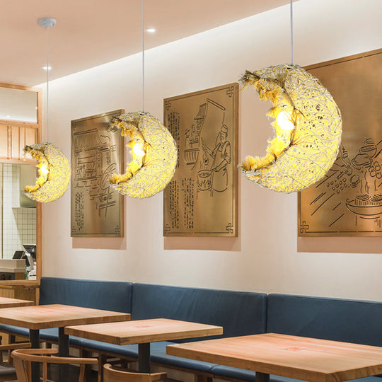 Modern Rattan Moon Shaped Hanging Lamp: Sleek Restaurant Lighting Fixture
