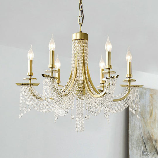 Gold Baroque Candle Chandelier - 6-Bulb Metal Suspension Lighting With Crystal Chain