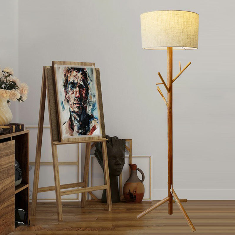 Minimalist Flaxen Drum Stand Up Lamp - Wooden Tripod 1-Light Fabric Floor Light With Coat Rack