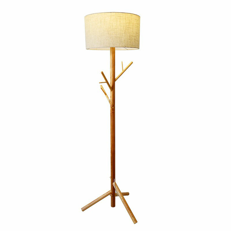 Minimalist Flaxen Drum Stand Up Lamp - Wooden Tripod 1-Light Fabric Floor Light With Coat Rack