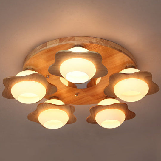Modern Wood Flushmount Ceiling Light with Ivory Glass Shade and 5 Lights for Bedroom