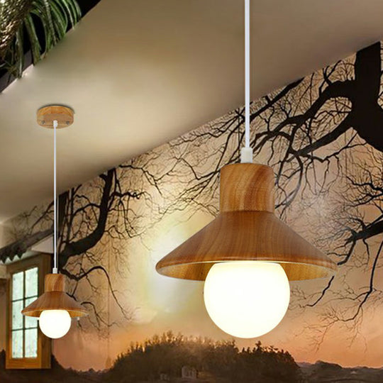 Nordic Wooden Cone-Shaped Restaurant Pendant Lamp In Beige-White Wood